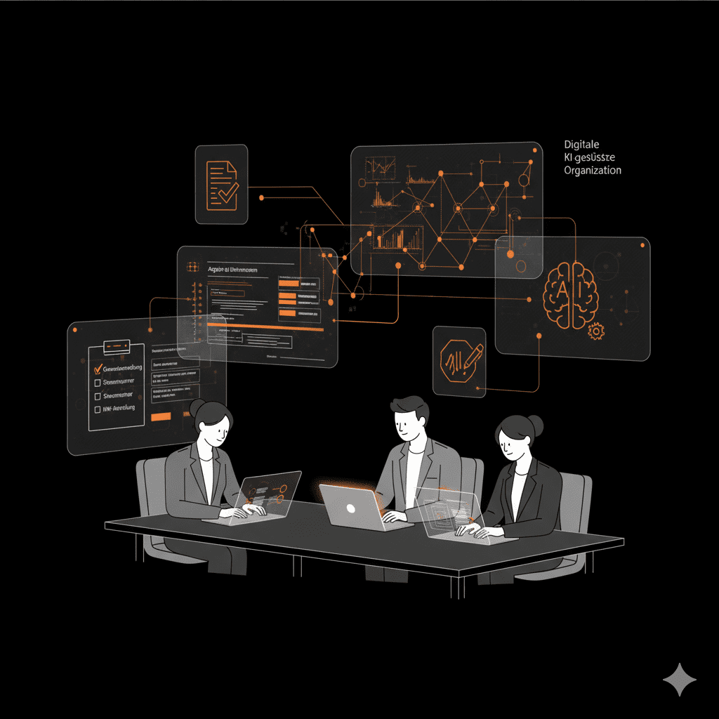 Gründerteam arbeitet an digitalen Checklisten und Formularen für Gewerbeanmeldung, Steuernummer und IHK-Anmeldung, moderne minimalistische Büroumgebung.