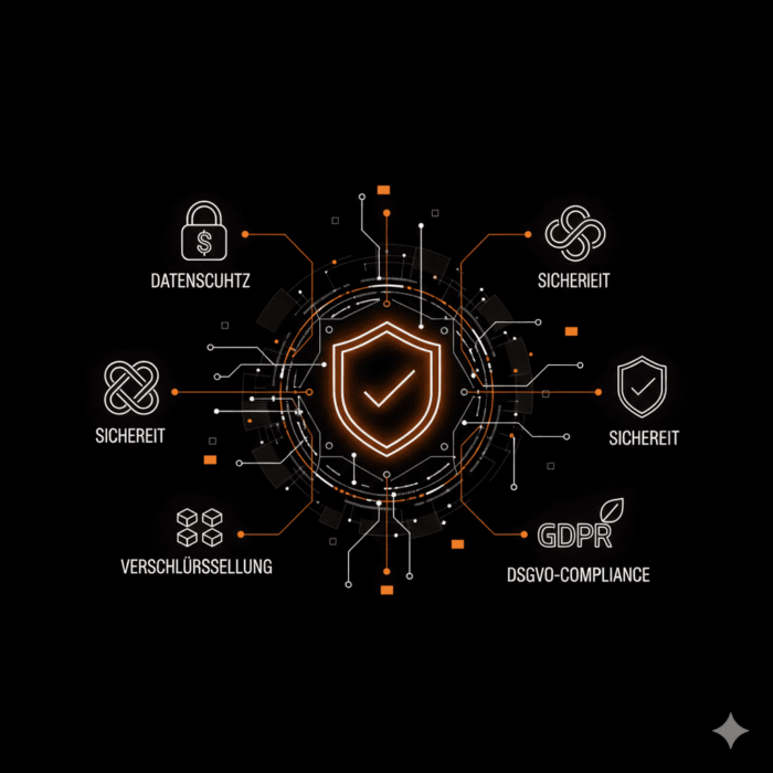 Moderner digitaler Hintergrund mit Symbolen für Datenschutz, DSGVO, Verschlüsselung und sichere Datenverarbeitung, minimalistisch und professionell.