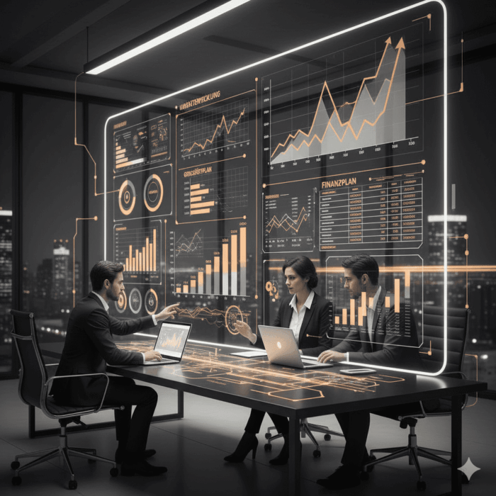 Geschäftsgründer arbeiten an großem Bildschirm mit Businessplan, Finanzdiagrammen und Umsatzplanung, moderne Büroumgebung, minimalistisch und professionell.