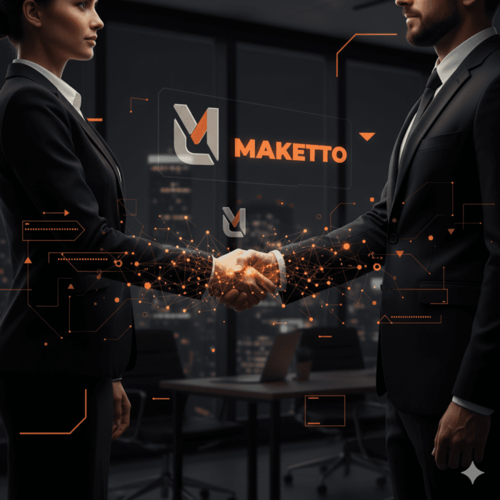 Business-Team im Gespräch mit Symbolen für Strategie, Beratung und KI-Innovation in Schwarz und Orange – Maketto Kontaktseite