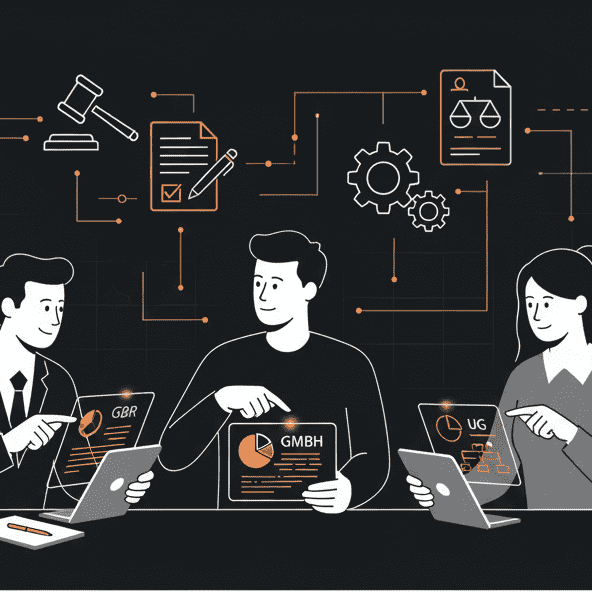 Gründerteam diskutiert Unternehmensformen wie GmbH, UG und GbR auf Tablets und Notizblättern, moderne, minimalistische Büroumgebung.
